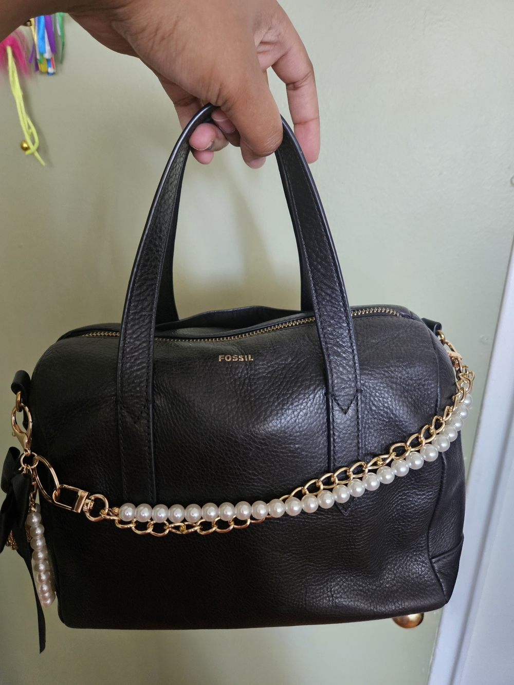 Fossil Black Leather Satchel with Pearl Chain - Picture 3 of 10